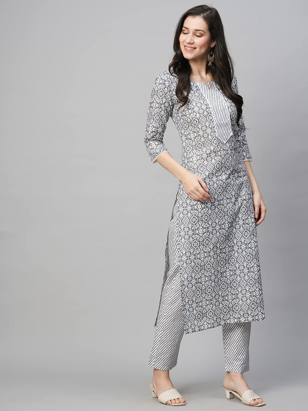ANNI DESIGNER Womens Cotton Blend Printed Straight Kurta with Pant (Kavi Grey-NwFB08_XXL_Grey_XX-Large)