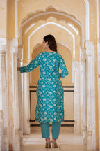 Varanga Women Blue Printed Round Neck Straight Kurta With Thread Embroidered Yoke, Three-Quarter Sleeves, Side Slits, Paired Wit
