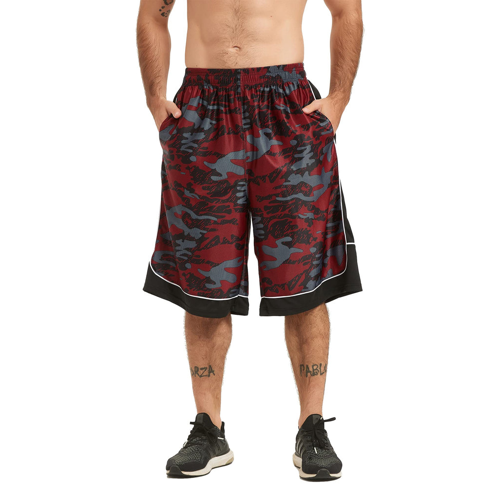 HQUEC Men's 12 Long Basketball Shorts Athletic Workout Gym Camo Shorts Below Knee Loose-Fit with Pockets Red XL
