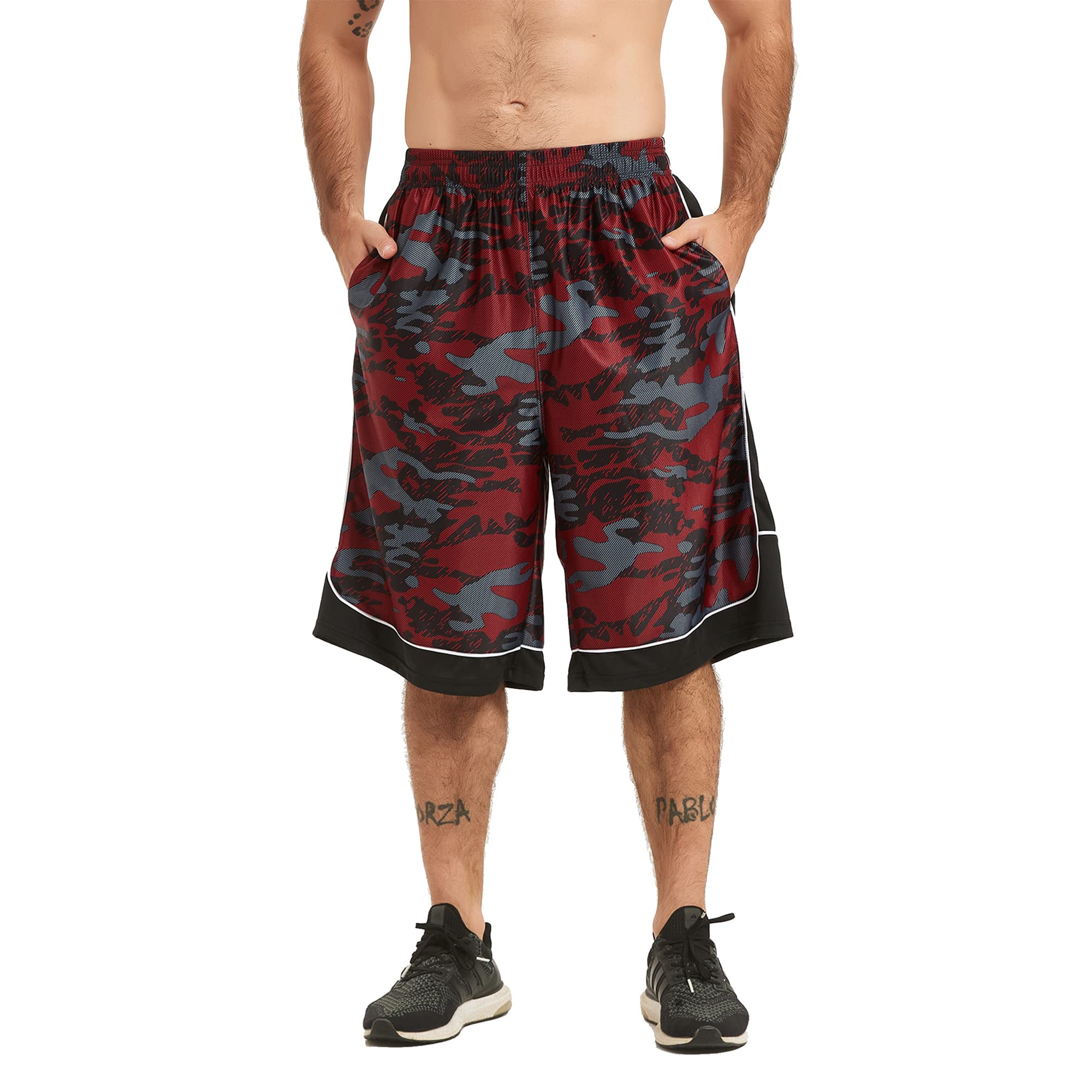 HQUEC Men's 12 Long Basketball Shorts Athletic Workout Gym Camo Shorts Below Knee Loose-Fit with Pockets Red XL