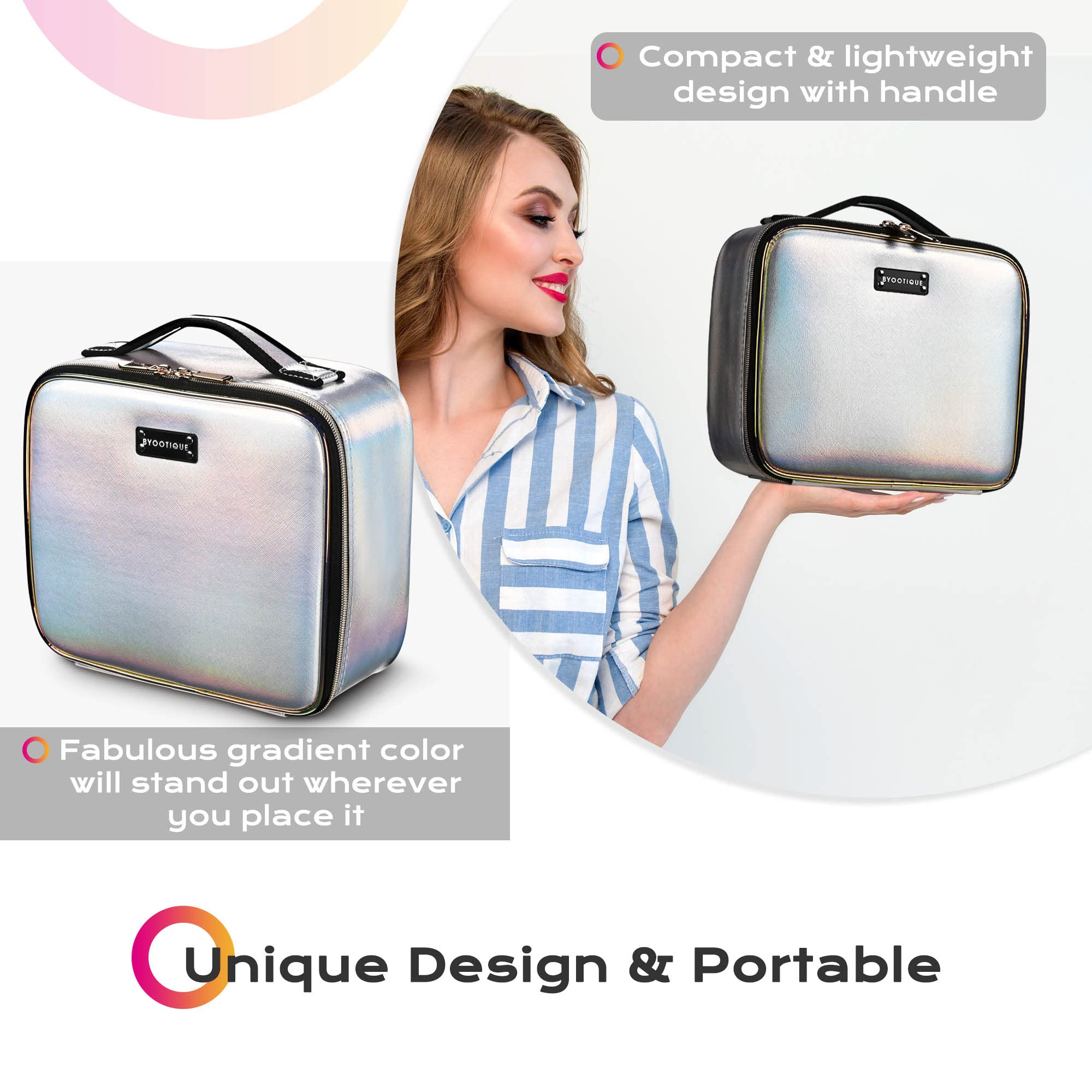 BYOOTIQUE Makeup Bag Travel Makeup Case 10 Cosmetic Storage Case Portable Makeup Artist Storage Box with Mirror & Adjustable Div