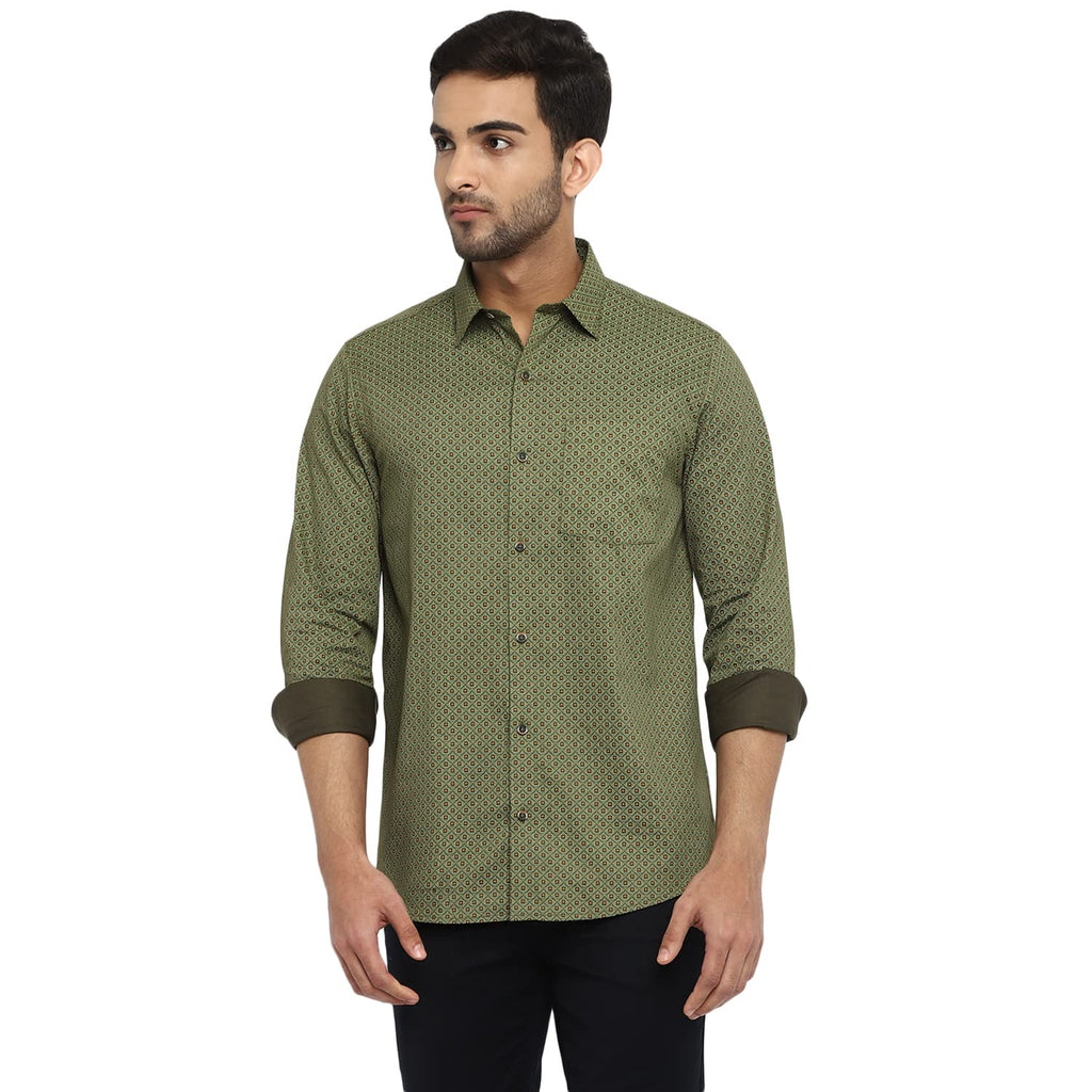 Turtle Men Olive Cotton Printed Slim Fit Shirts