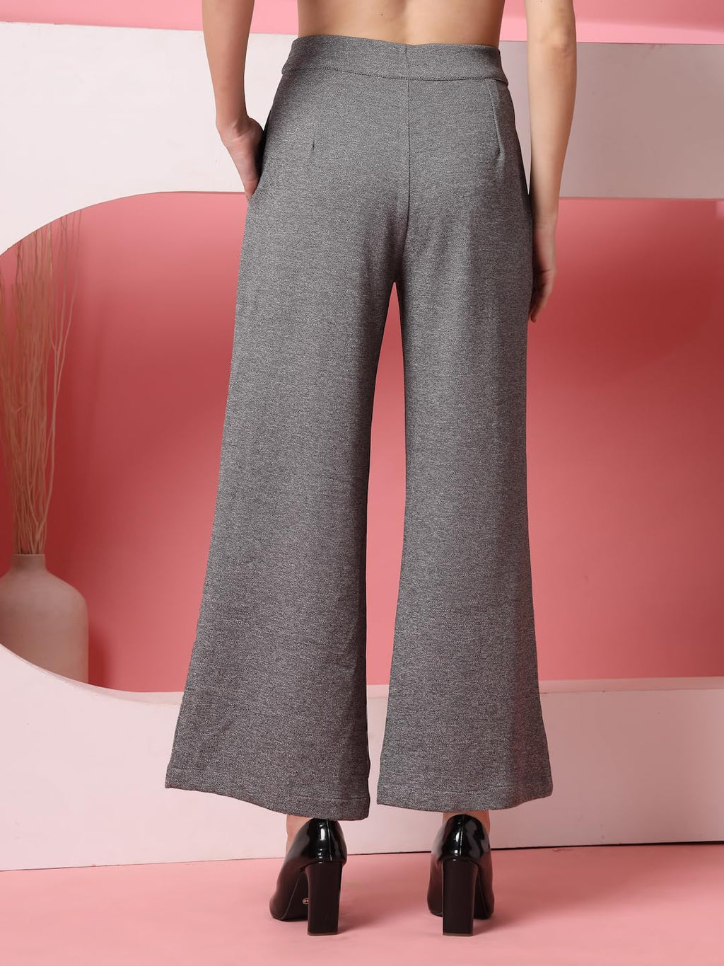 Womens Wide Leg Pants | Solid Grey Stretchable Polyester Trousers | Stylish Korean Clothing | Flared, Straight Fit, Baggy, and
