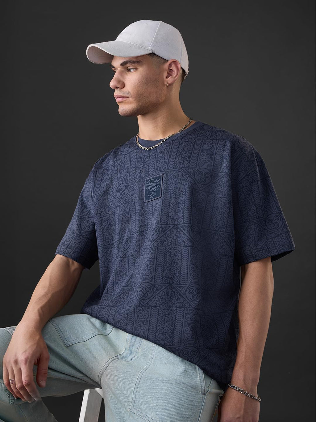 The Souled Store Avatar: Air Bender Men and Boys Short Sleeves Round Neck Blue Applique Pathed Woven Badge Casual Streetwear Cot