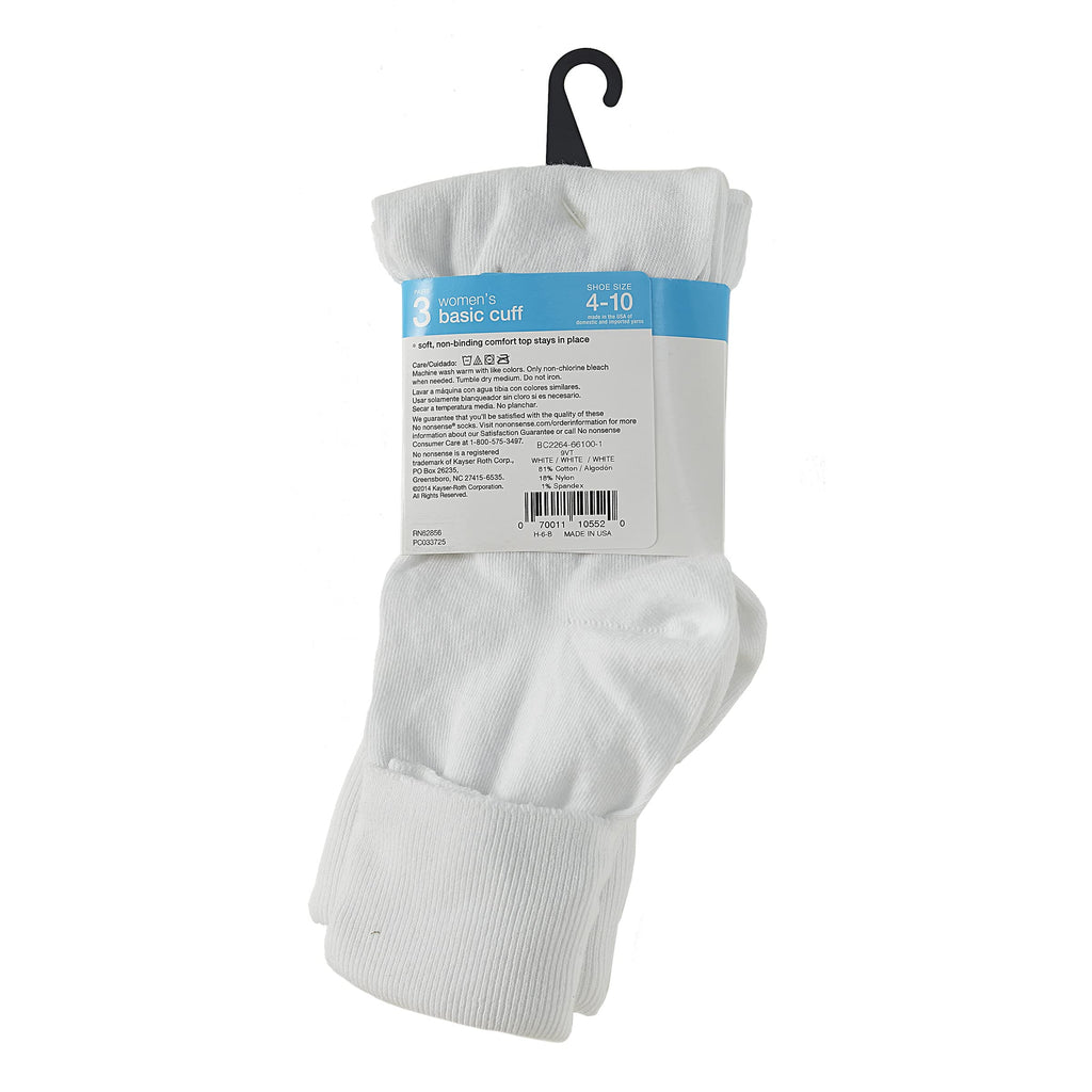 No nonsense Women's Cotton Basic Cuff Sock 3-Pack, White, 4-10