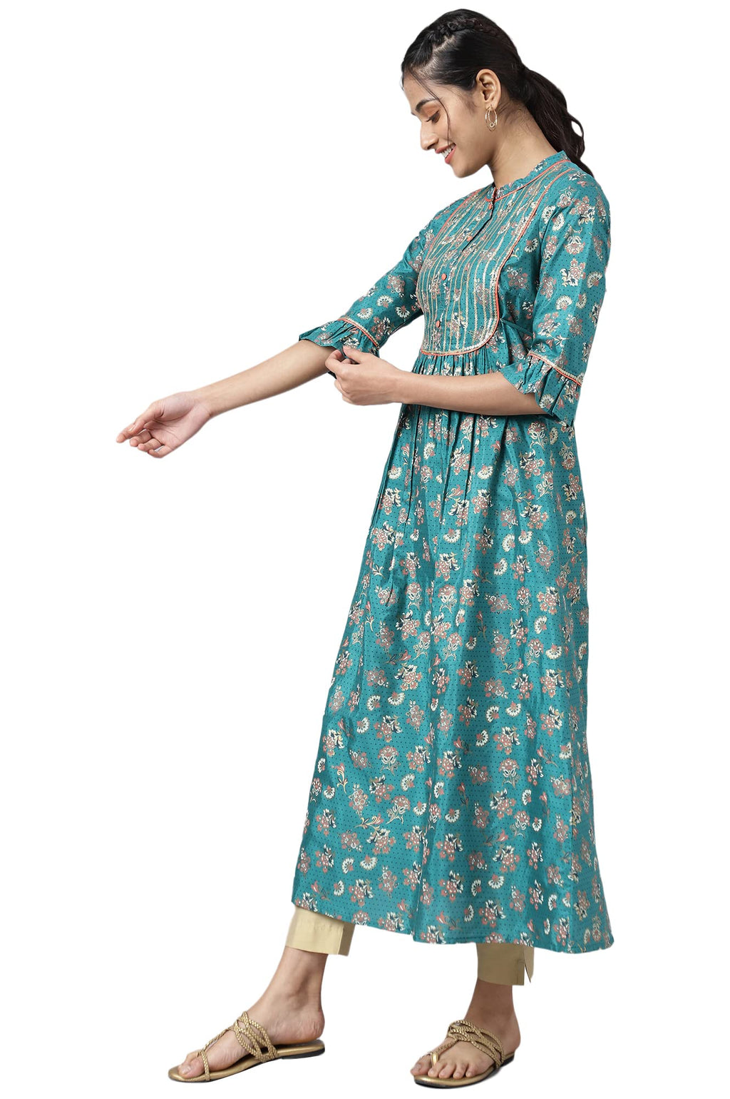 Aurelia Green Foil Sequin Regular Kurta For Women