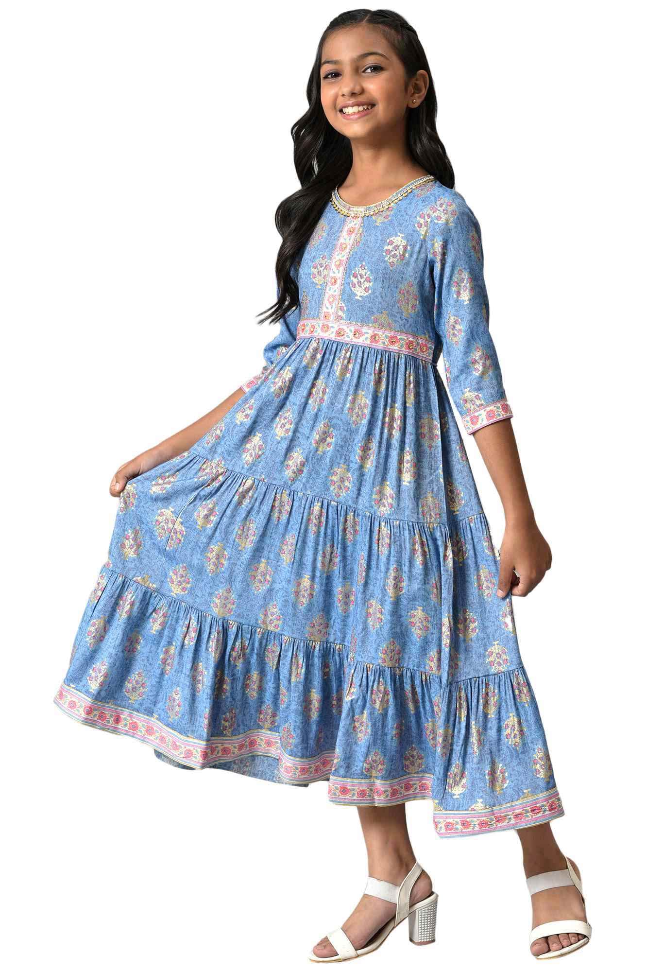 Aurelia Girls Polyester Fit and Flare Knee-Length Casual Dress (22AUG10211B-504020_Blue