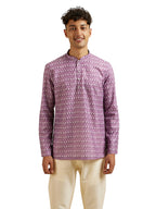 Manyavar MenS Cotton Blend Floral Print Short Kurta (Purple,M)