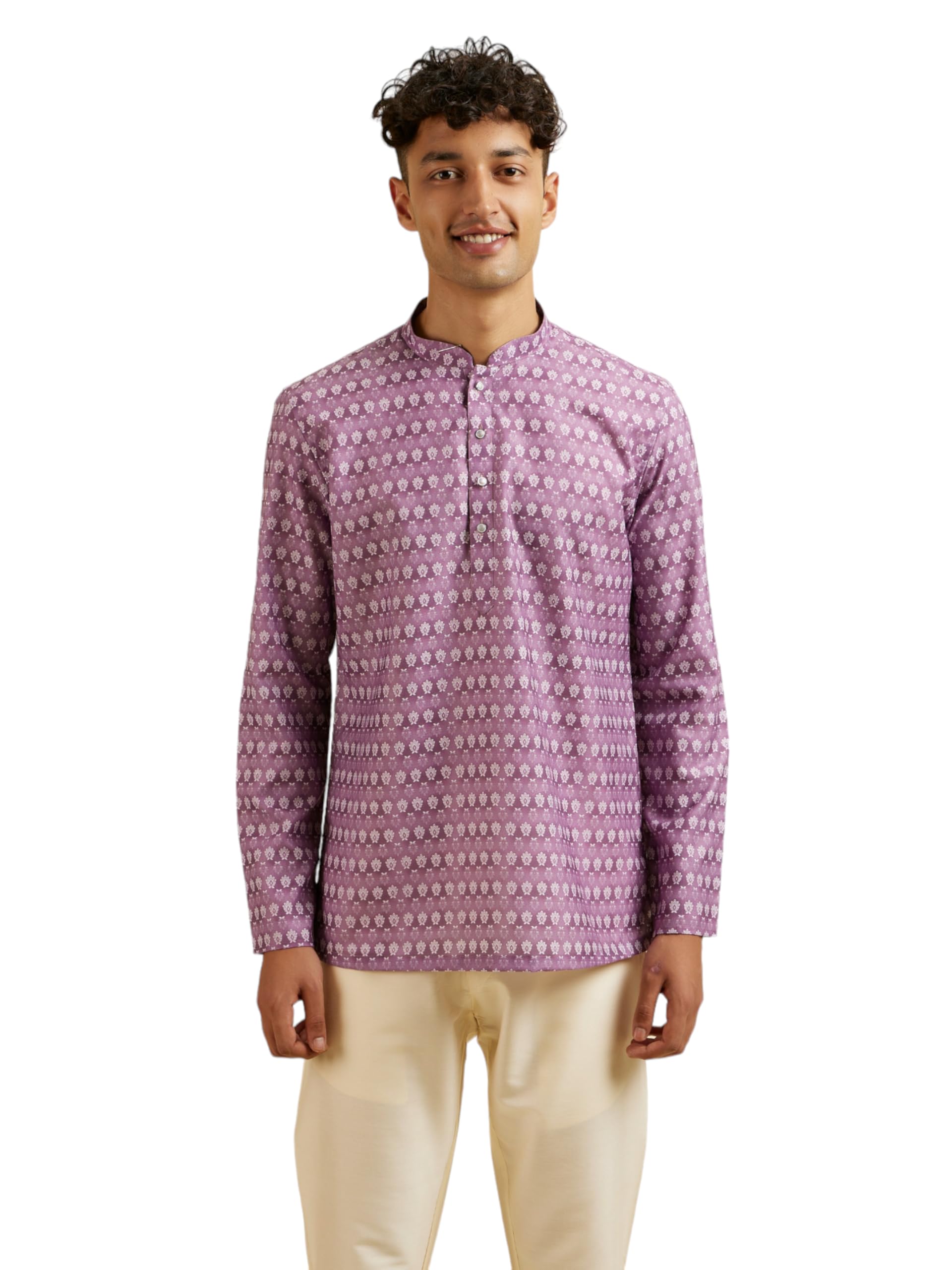 Manyavar MenS Cotton Blend Floral Print Short Kurta (Purple,M)