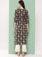 Varanga Women Grey Floral Printed Straight Kurta With Three Quarter Sleeves