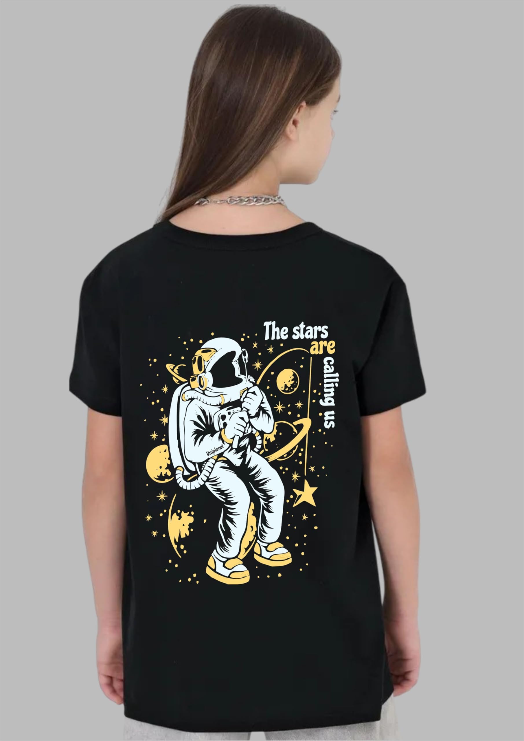 Uniplanet Store GirlS Cotton Blend T-Shirts With Space Theme Graphic Printed Half Sleeves Round Neck Regular Fit And Standard L