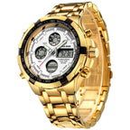 GOLDEN HOUR Luxury Stainless Steel Analog Digital Watches for Men Male Outdoor Sport Waterproof Big Heavy Wristwatch (Gold White
