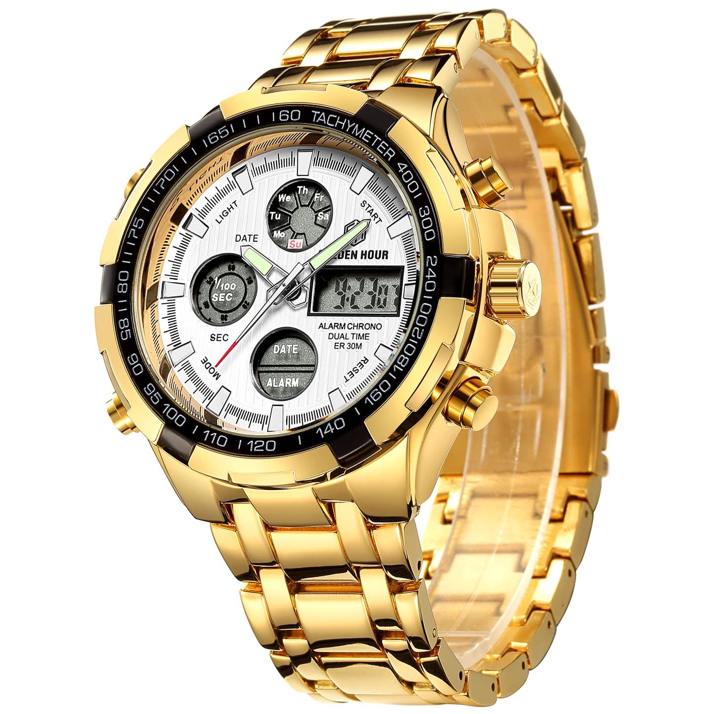 GOLDEN HOUR Luxury Stainless Steel Analog Digital Watches for Men Male Outdoor Sport Waterproof Big Heavy Wristwatch (Gold White