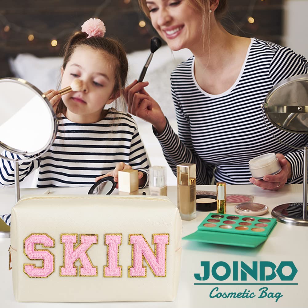 JOINDO Skin Makeup Bag, Skin Care Cosmetic Toiletry Bag, Preppy Makeup bag,Portable Makeup Zipper Pouch Storage Purse, PU Leathe