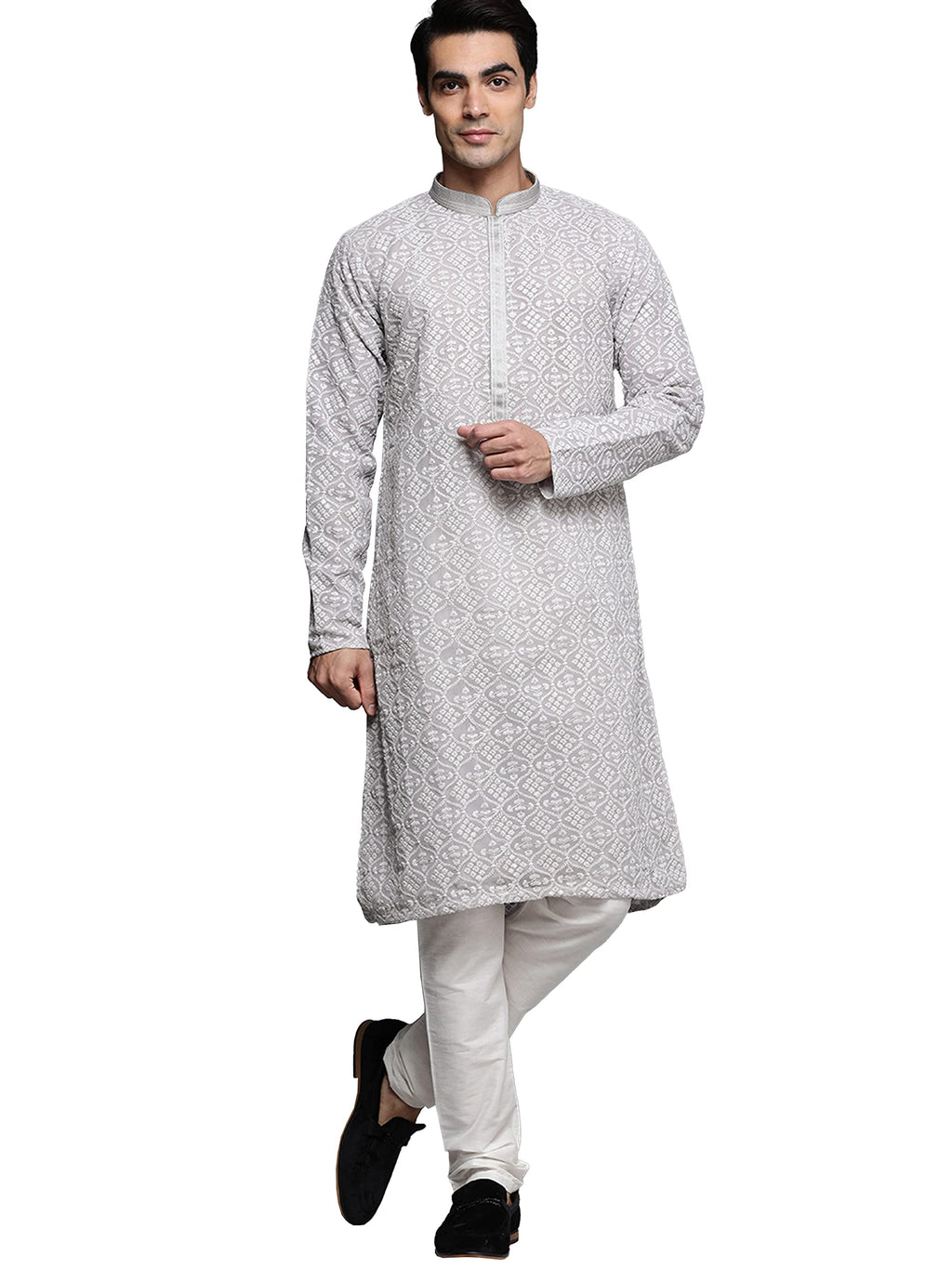Manyavar Kurta Set for Men, Full Sleeves Mandarin Collar Ethnic Kurta Pajama For Engagement, Wedding, Party All Over Self Design