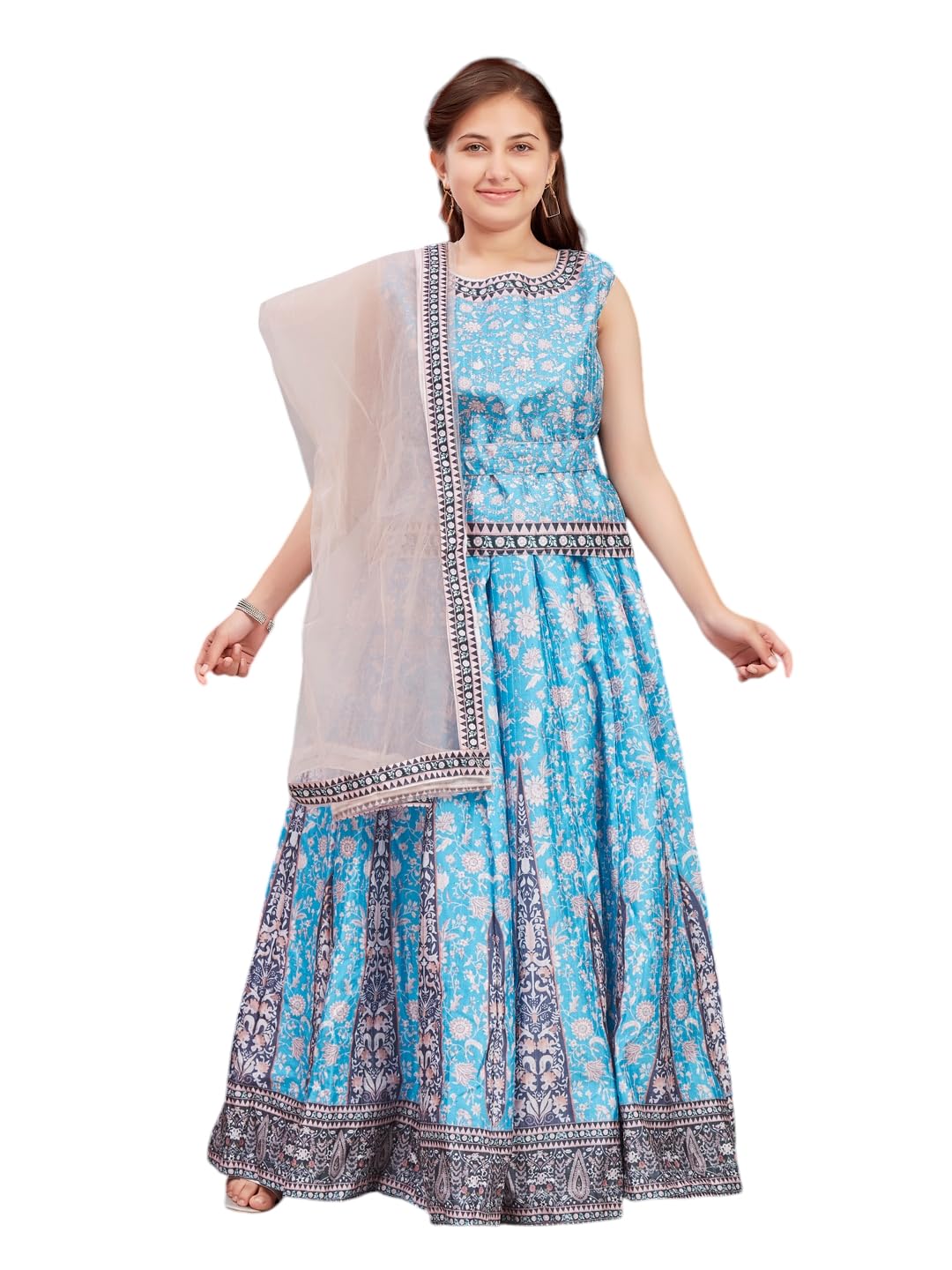 Aarika Girls Ethnic Wear Turqouise Colour Floral Print Art Silk Lehenga Choli Set (12-16 Years)
