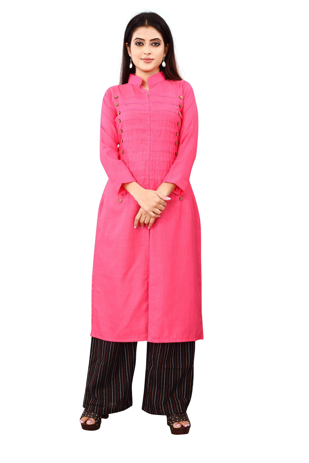 Om Sai Latest Creation Women'S Plain A-Line Full Sleeve Kurti With Palazzo (Large, Pink)