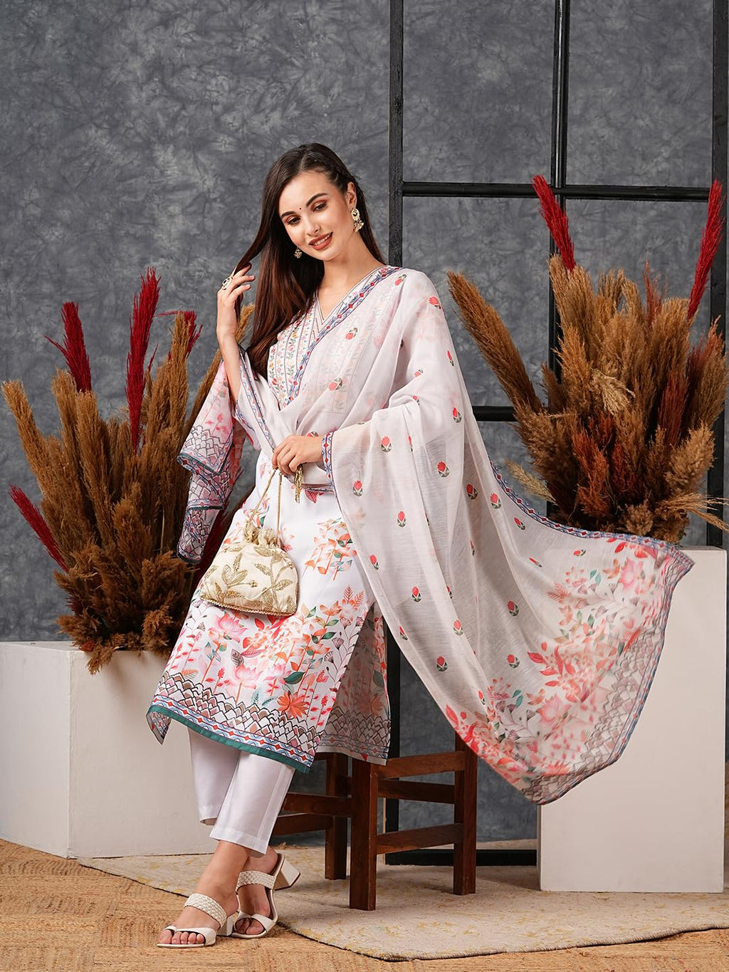 ANNI DESIGNER Ladies Cotton Blend Kurta Trousers with Dupatta Set, cream, XXL