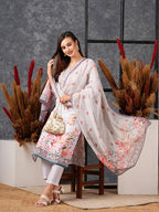 ANNI DESIGNER Ladies Cotton Blend Kurta Trousers with Dupatta Set, cream, XXL