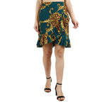 POPWINGS Casual Dark Green Golden Animal Printed Frill Mini Skirt for Women || Latest Stylish Western Knee-Length Women Skirt ||
