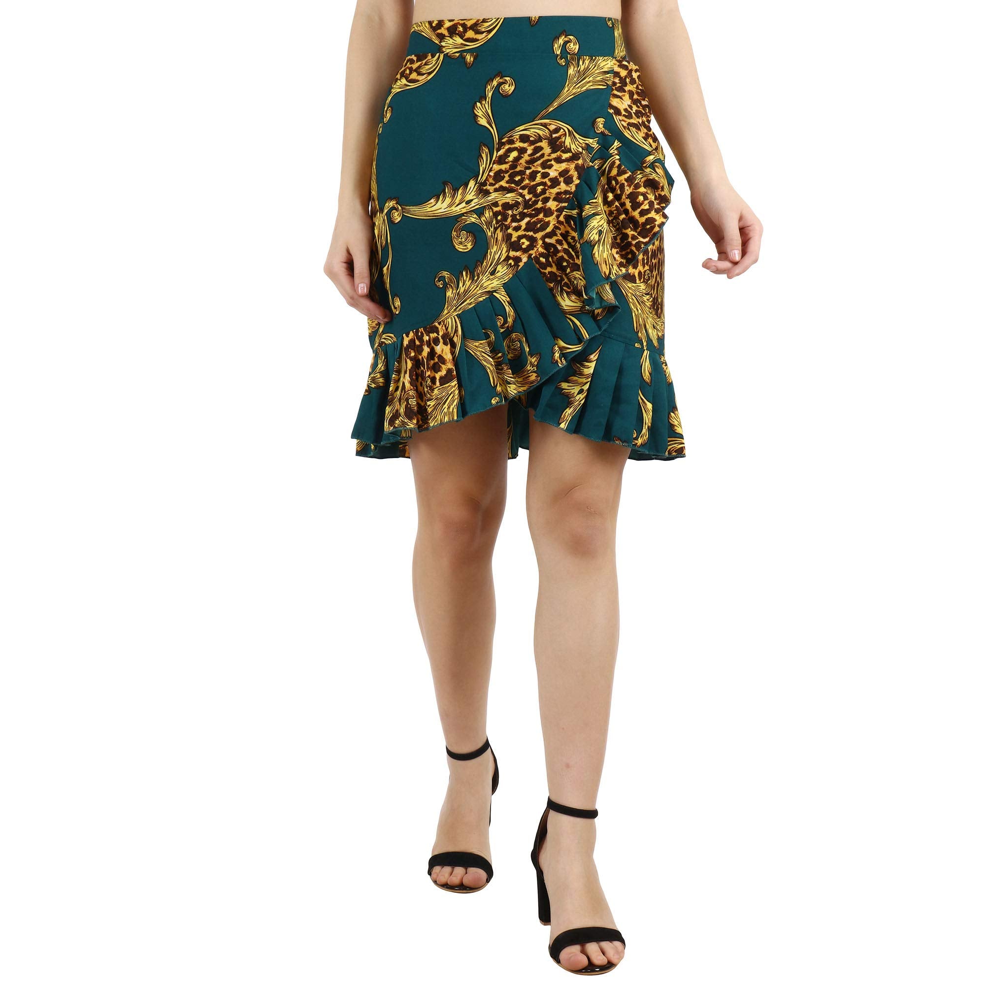 POPWINGS Casual Dark Green Golden Animal Printed Frill Mini Skirt for Women || Latest Stylish Western Knee-Length Women Skirt ||