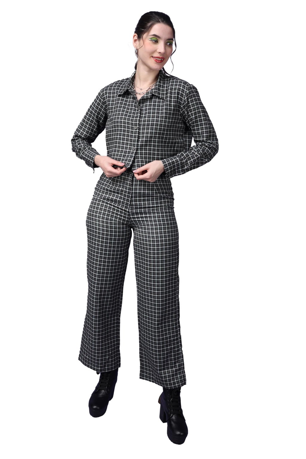 Popwings Casual Checks Print Crop Shirt And Trouser Co-Ord Set For Women | Shirt And Pant Co-Ord Set For Women | Full Sleeves Co