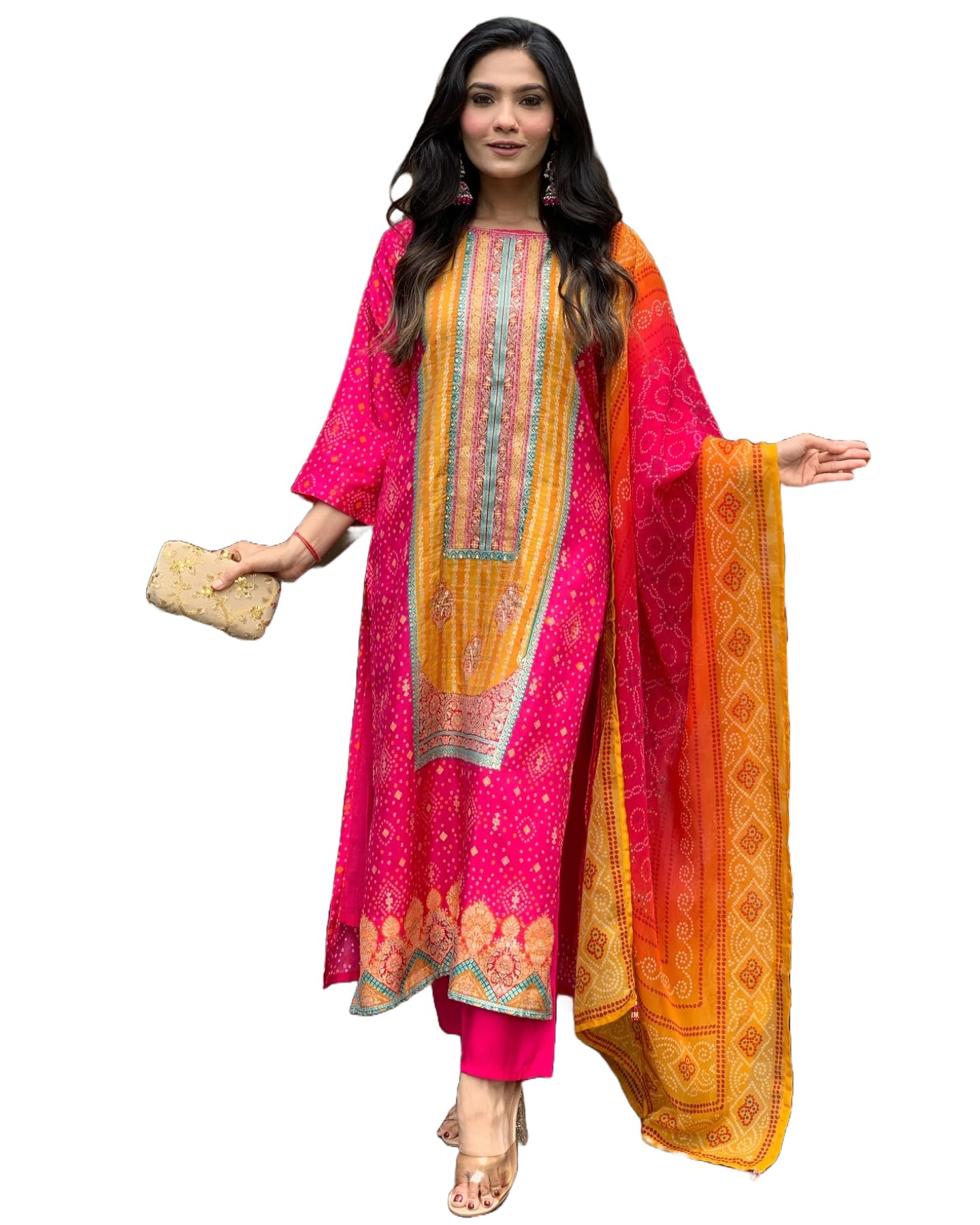 ANNI DESIGNER Womens Rayon Blend Printed Straight Kurta with Pant & Dupatta (Shubhangi Rani_S_Pink_Small)