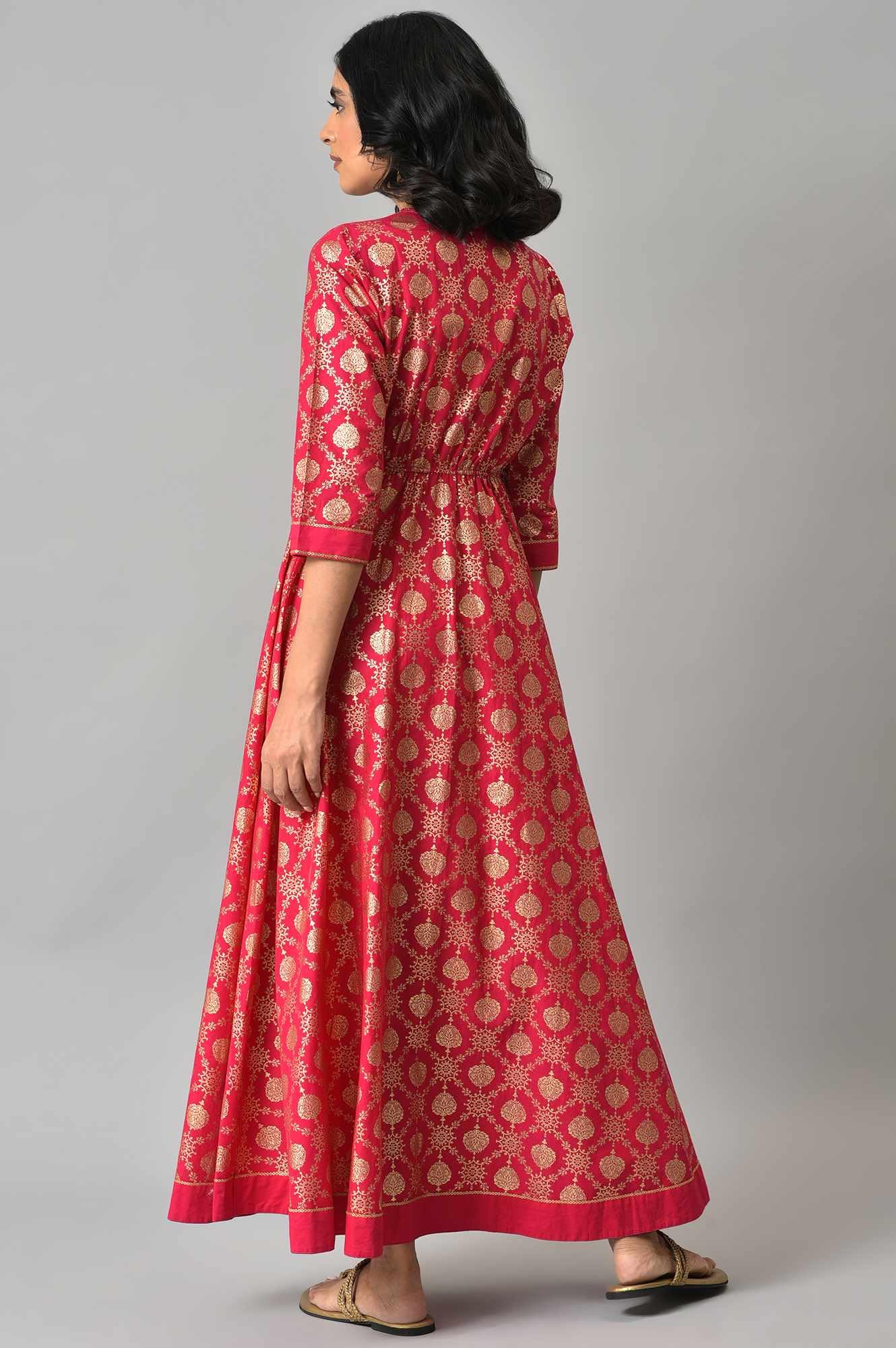 Aurelia Pink Foil Pattern Cotton Kurta With Zari Embroidery