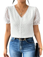 Shasmi Womens Elegant French Textured Fabric Solid White Color Lace Panel V-Neck Jacquard Blouse,Short Puff Sleeve Tops Simple 