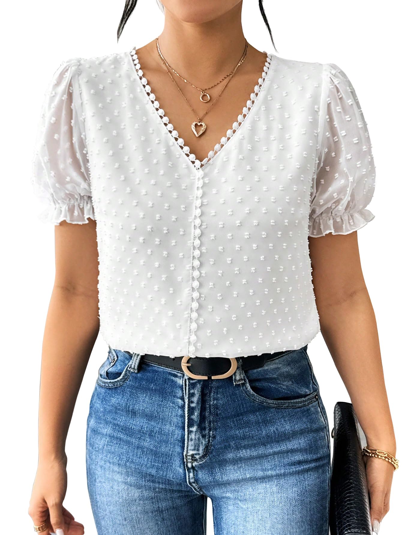 Shasmi Womens Elegant French Textured Fabric Solid White Color Lace Panel V-Neck Jacquard Blouse,Short Puff Sleeve Tops Simple 