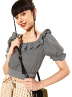 Rare Women Casual Black Colour Boat Neck Checked Regular Top