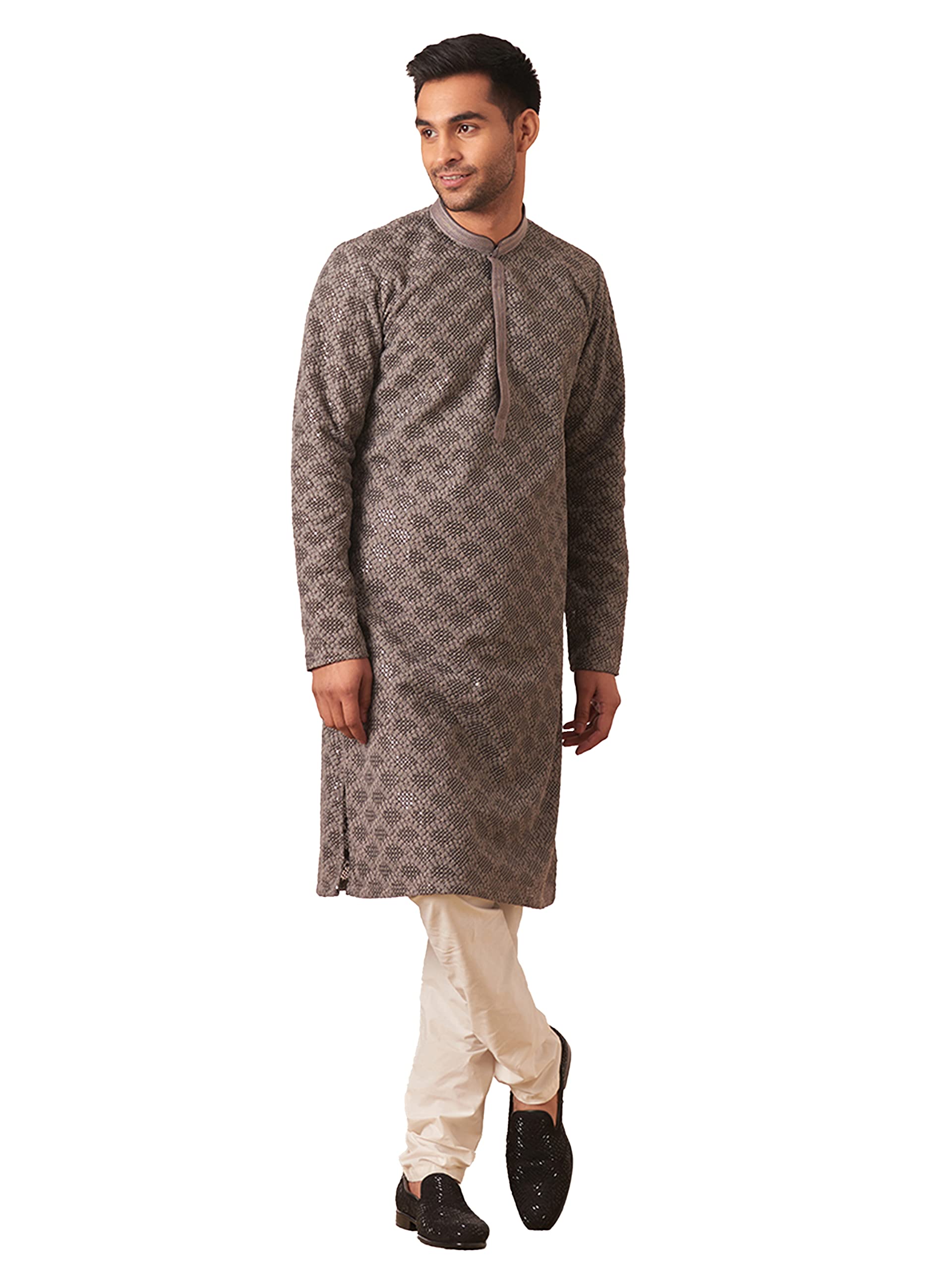 Manyavar Kurta Set For Men, Full Sleeves Mandarin Collar Ethnic Kurta & Churidar Set Art Silk Embroidery Set (Grey, M)