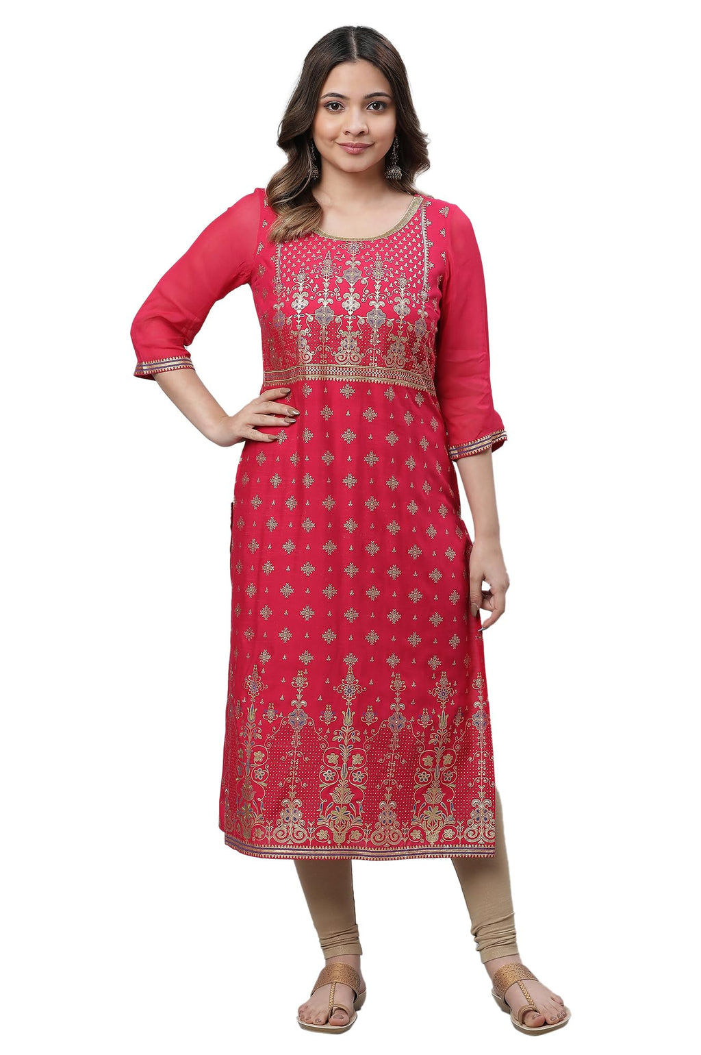 Aurelia Pink Foil Pattern Lace Straight Long Kurta