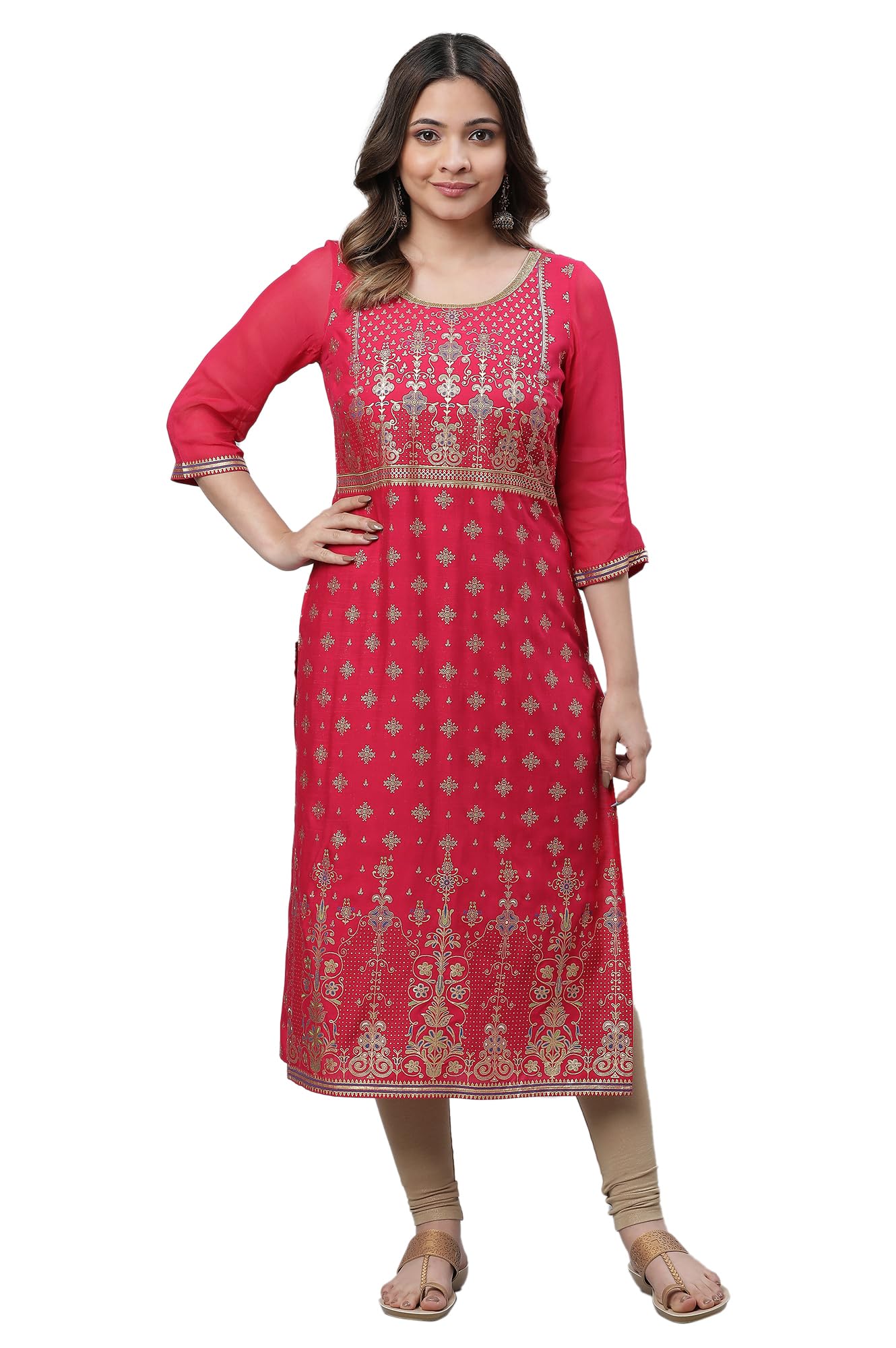 Aurelia Pink Foil Pattern Lace Straight Long Kurta