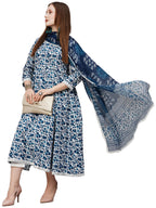 ANNI DESIGNER Ladies Cotton Blend Dupatta Kurta Trousers, Light Brown::Blue, S