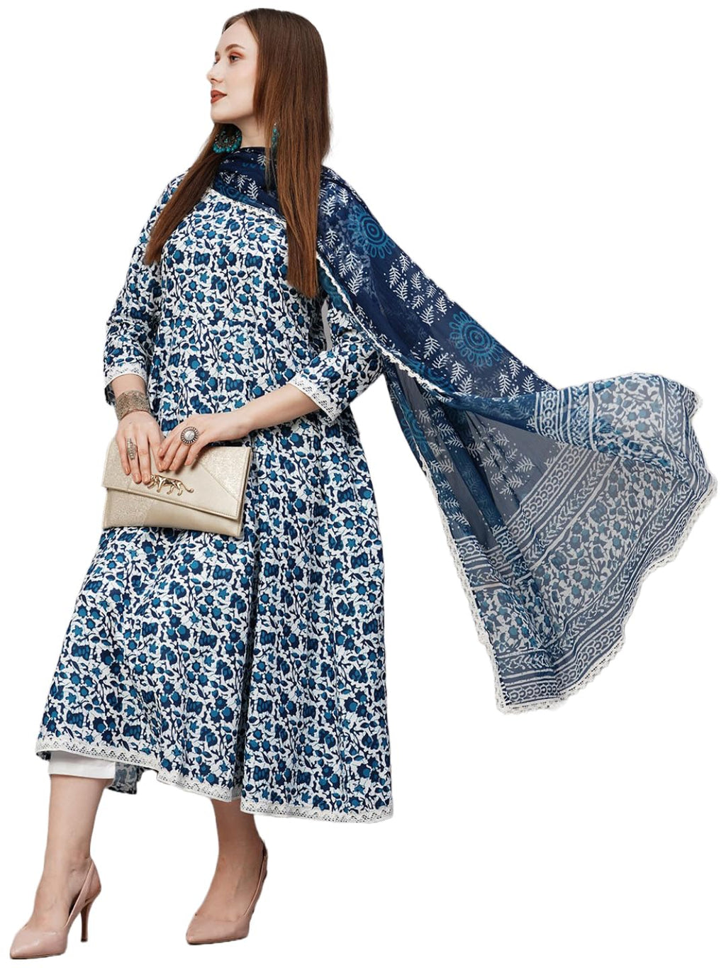 ANNI DESIGNER Ladies Cotton Blend Dupatta Kurta Trousers, Light Brown::Blue, L