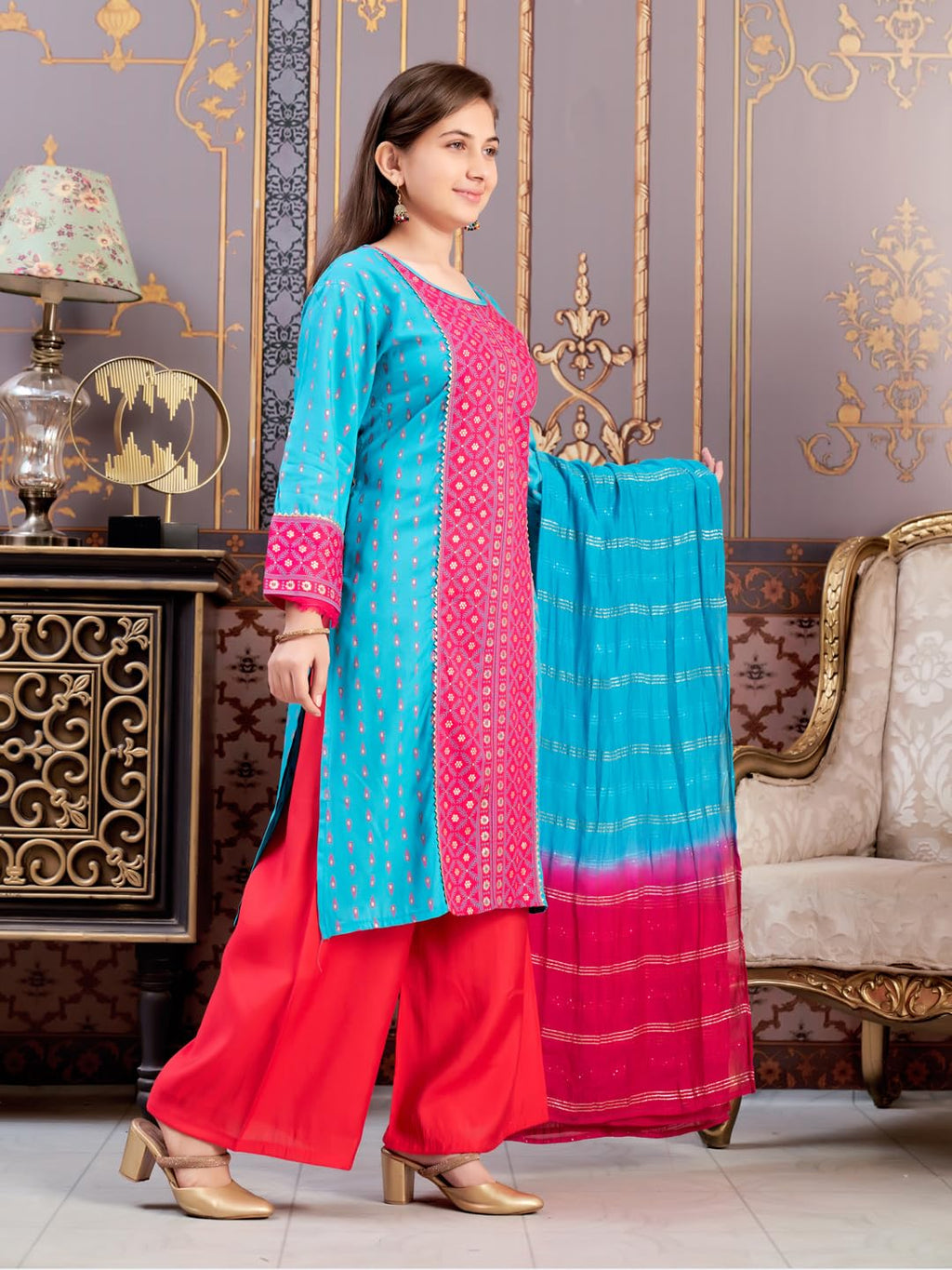 Aarika Girls Ethnic Wear Rama-Rani Colour Foil Print Rayon Kurti-8-15 Years (KURTI-TR-K-859)