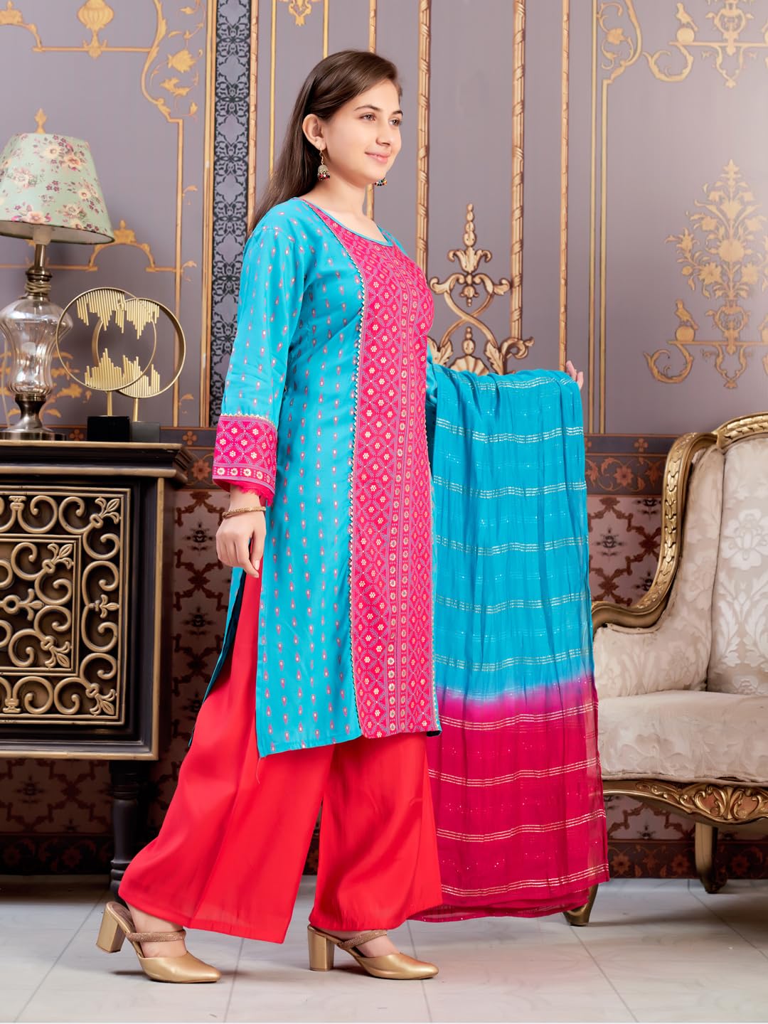 Aarika Girls Ethnic Wear Rama-Rani Colour Foil Print Rayon Kurti-8-15 Years (KURTI-TR-K-859)