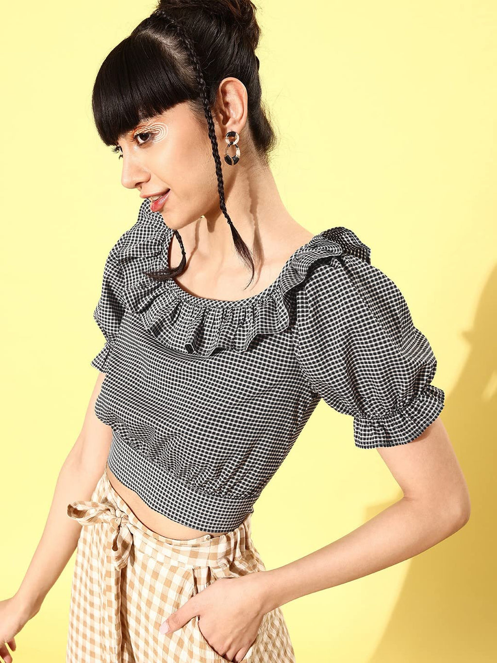 Rare Women Casual Black Colour Boat Neck Checked Regular Top