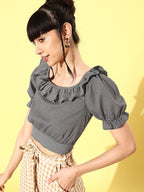 Rare Women Casual Black Colour Boat Neck Checked Regular Top
