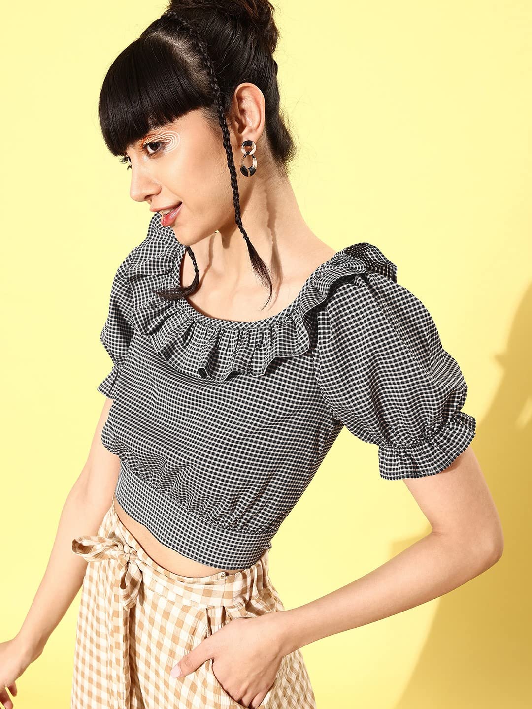 Rare Women Casual Black Colour Boat Neck Checked Regular Top