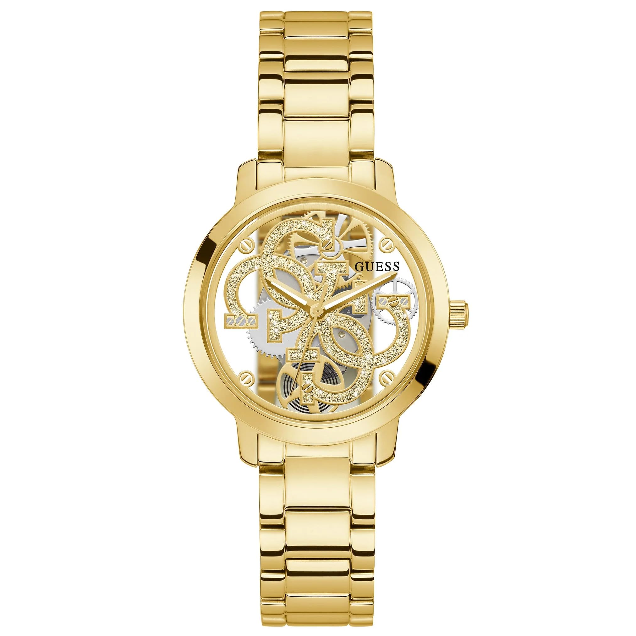 GUESS Ladies Trend Clear 36mm Watch - Glitz Dial with Gold-Tone Stainless Steel Case & Bracelet