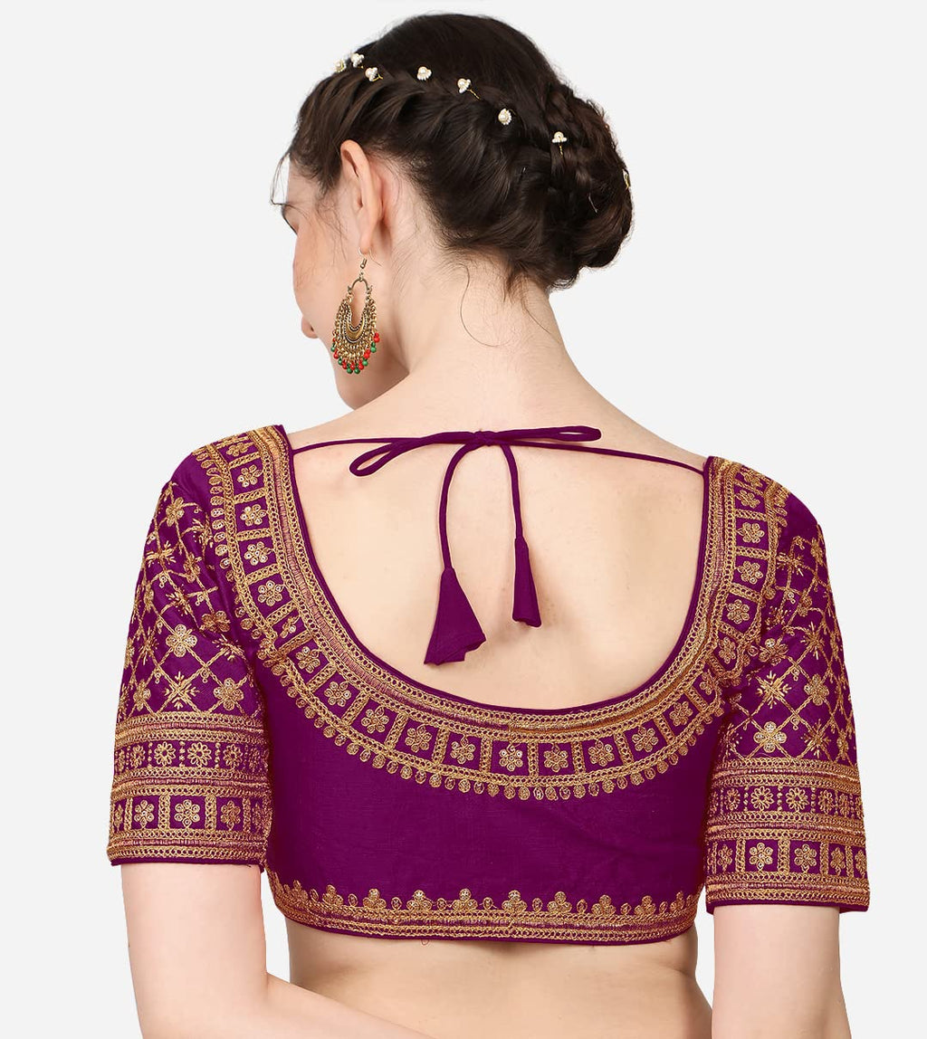 Pujia Mills WomenS Silk Embroidery Sequin Stone Work Readymade Saree Blouse