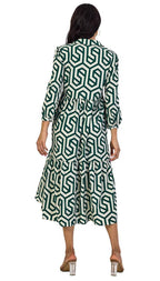 Shasmi Women & Girls Solid Green Geometric Print Collared Dress With Long Cuffed Sleeves, Panelled Hem And A Button-Up Front Gat