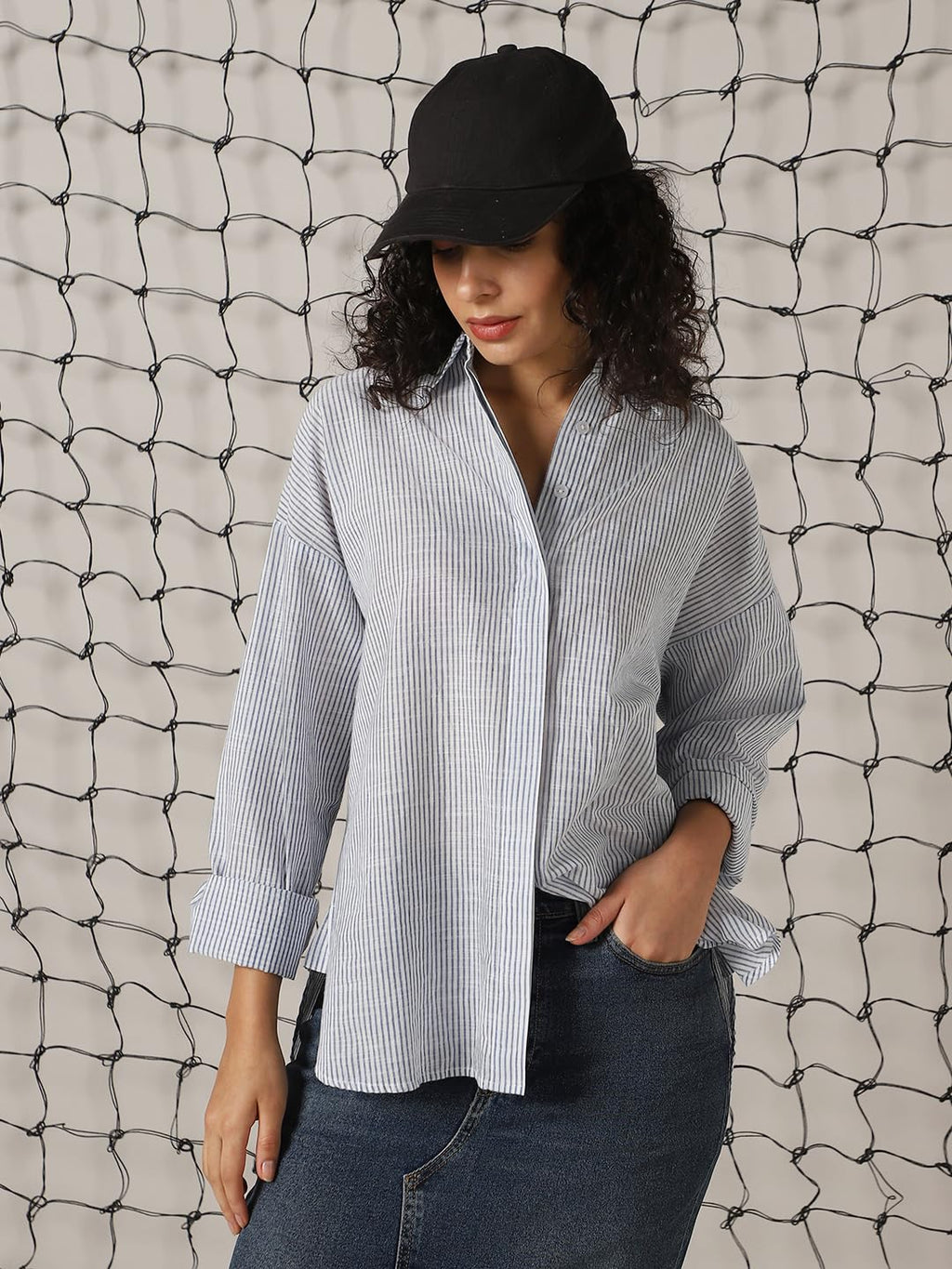 Hubberholme Women Striped Longline Length Oversized Spread Collar Spread Collar Long Sleeve Shirt