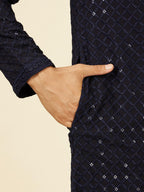 Manyavar Dark Blue Viscose Embroidery|Sequin Work Kurta Pyjama Set For Men