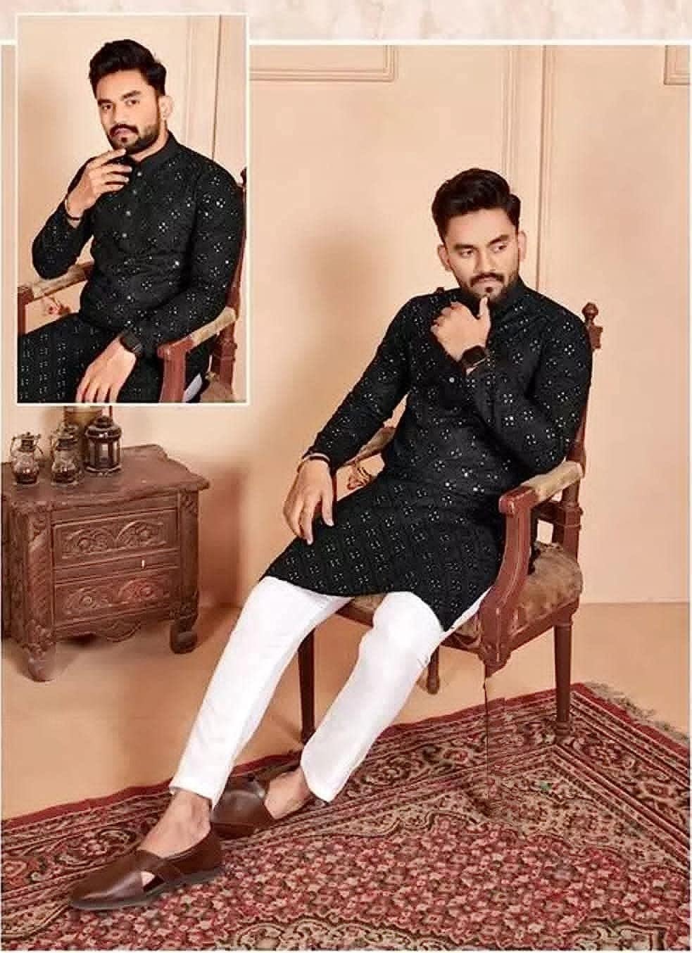 Xepon MenS Cotton Traditional Chikankari Mirror Work Embroidered Casual Knee Length Long Sleeve Mandarin Neck Straight Kurta Fo
