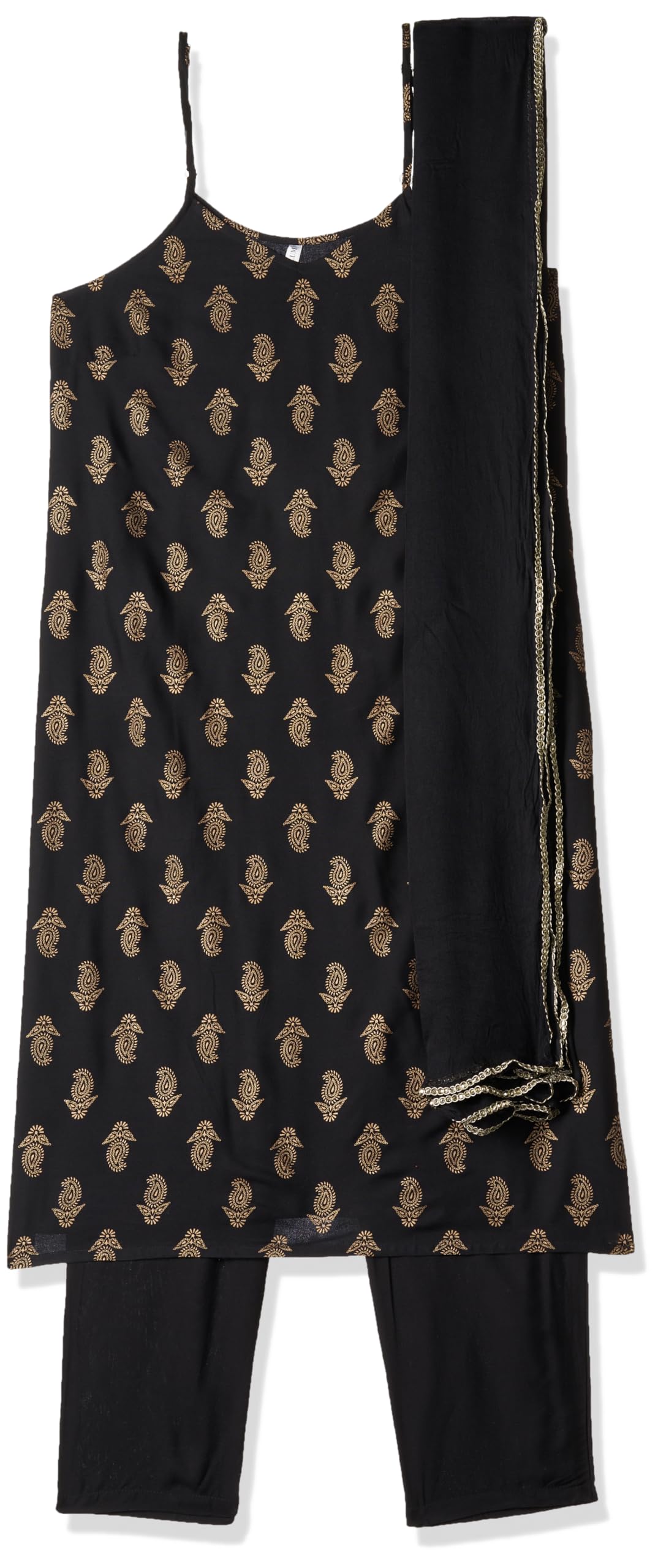 Stylum Women'S Gold Print Rayon Straight Kurta Pant Dupatta Set (Kpdblackjar-44_Black, Xxl)