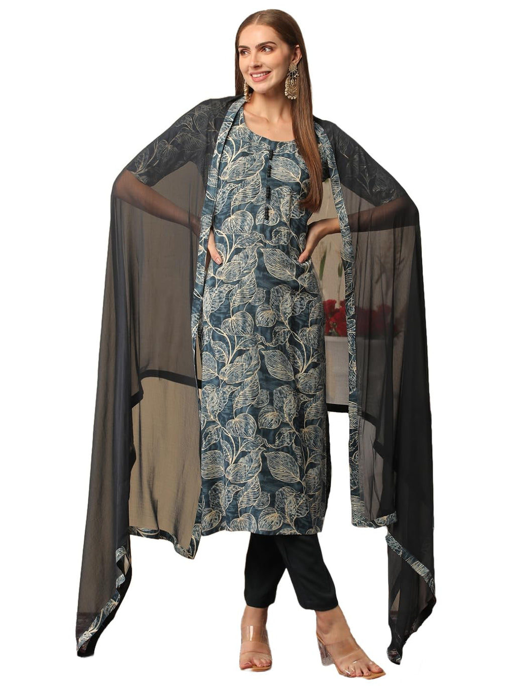 ANNI DESIGNER Womens Cotton Blend Printed Straight Kurta with Pant & Dupatta (Minika Blue_XXL_Blue_XX-Large)