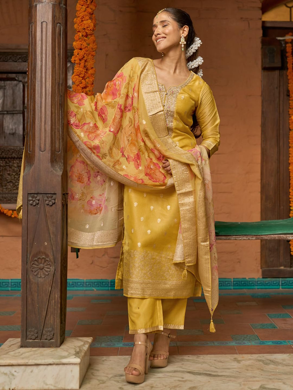 Libas Womens Woven Design Silk Blend Straight Kurta With Palazzos And Dupatta
